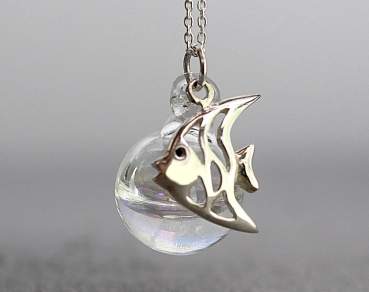 Sterling Fish Water necklace. Fish on glass orb filled with iridescent water